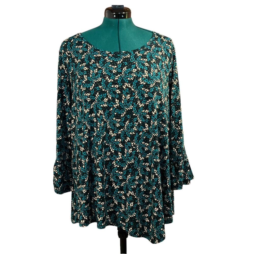 Rafaella Enchanting Leaf Pattern Bell Sleeve Top LARGE Teal Cream Black Asymmetr